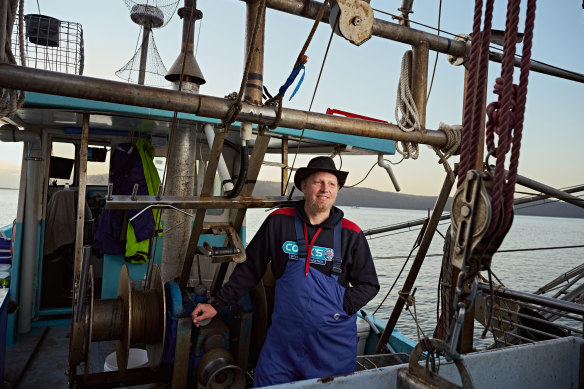 Van der Neut on his trawler Lyndy at Patonga, where the prawning season has been strong. 