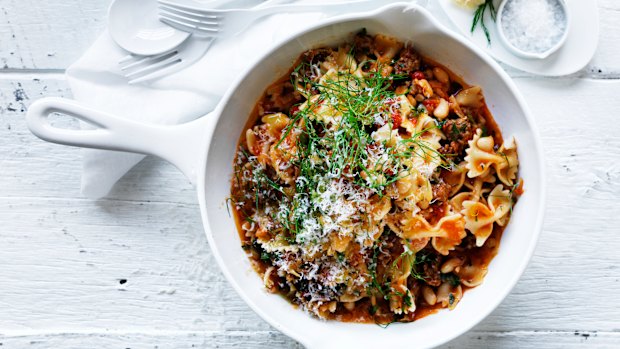 Neil Perry’s farfalle with sausage, fennel and beans.