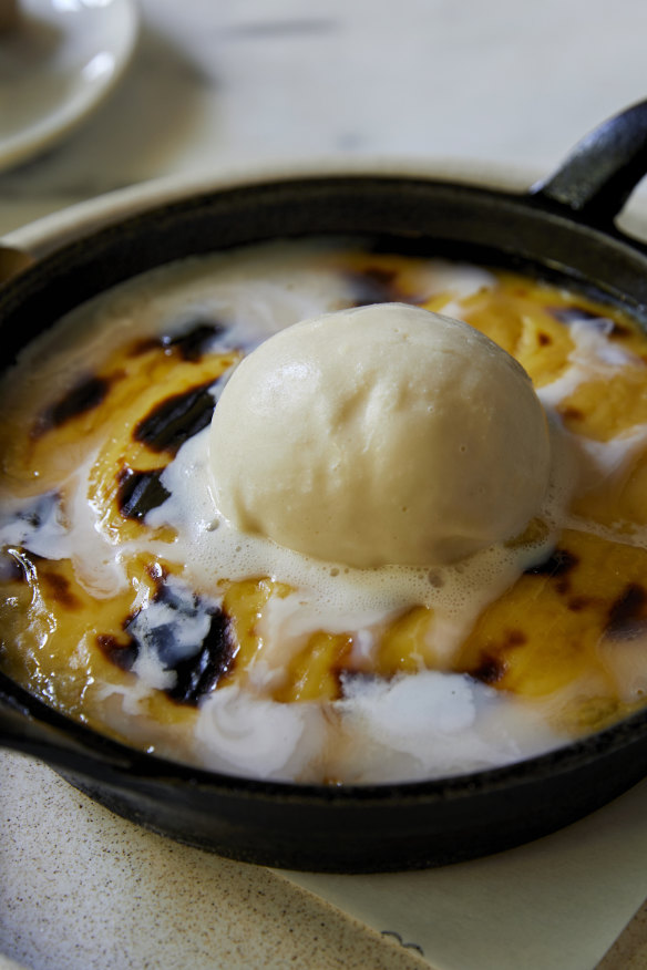 Coconut basbousa, fenugreek custard, and Jersey milk ice-cream.