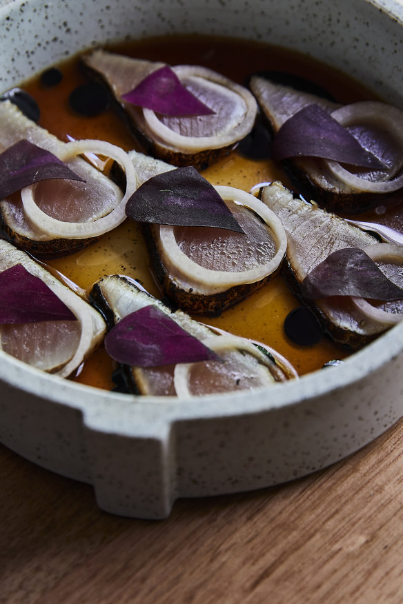 Cured and torched bonito with smoked tamari.