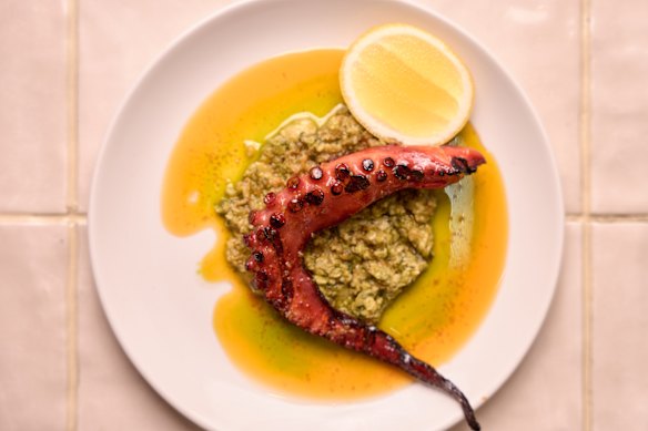 Octopus with nduja oil and green olive tapenade.