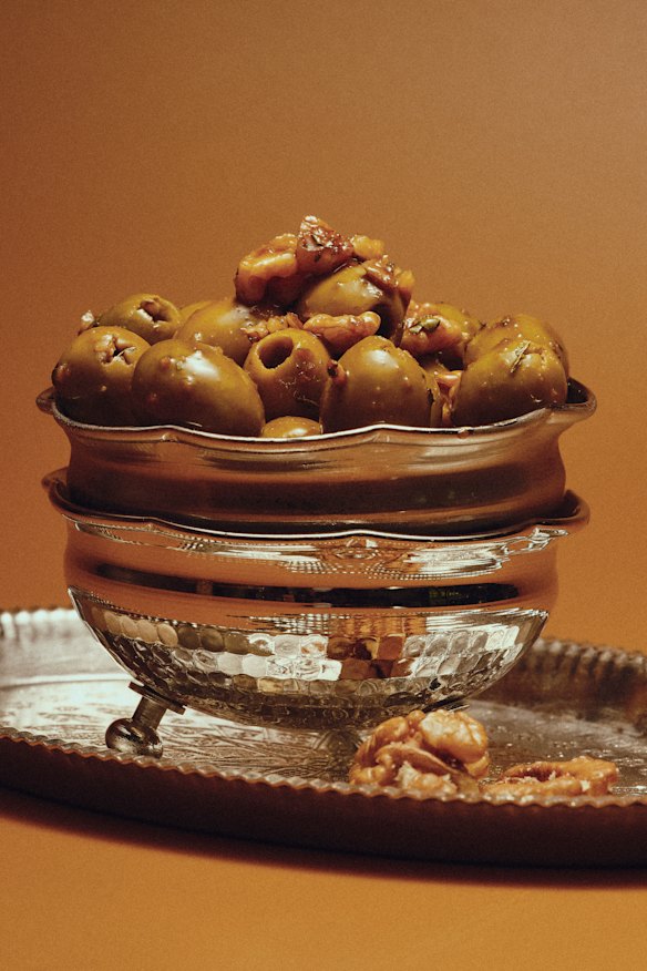Marinated olives with walnuts and pomegranate molasses. 