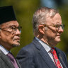 Malaysian Prime Minister Anwar Ibrahim and Prime Minister Anthony Albanese at a welcoming ceremony at Government House, Melbourne today.