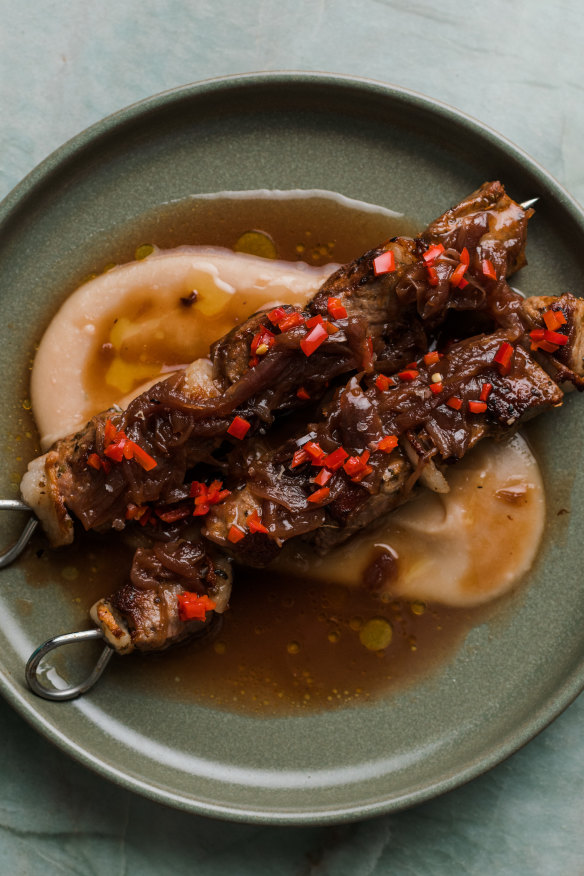 Char grilled lamb skewers.