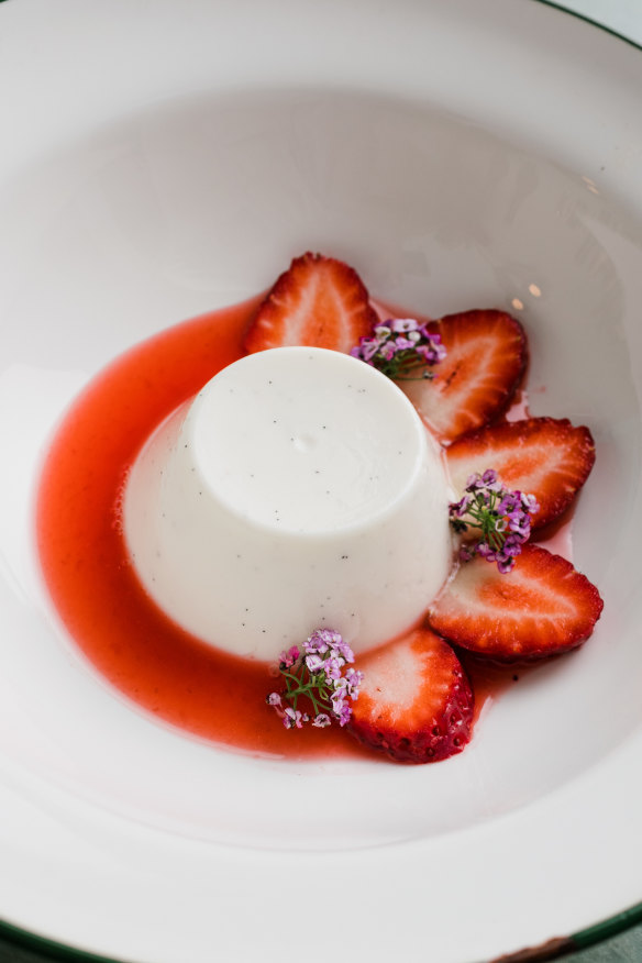 Panna cotta, strawberries, rose water.
