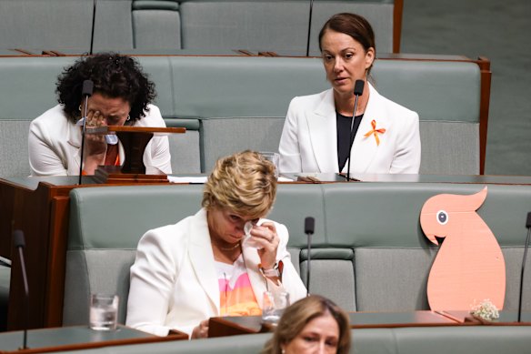 Member for Kooyong Dr Monique Ryan, Member for Warringah Zali Steggall and Member for Mackellar Dr Sophie Scamps during tributes for Member for Indi Dr Helen Haines in the House of Representatives at Parliament House in Canberra on Monday 26 October 2026.