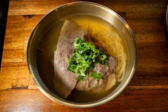 The gomtang noodle soup at Gaon, packed with beef brisket, heart, cheek and shank.