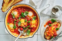  Danielle Alvarez's tomato and basil poached eggs with crusty bread.