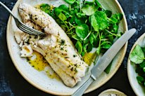 Poached snapper with anchovy parsley butter.