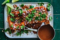 Roast pumpkin with satay sauce.