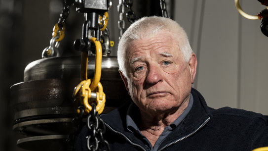 Ron Allum with parts of his Test Pressure Vessel, in which he checked every part of the submarine he designed for James Cameron to view the Titanic.