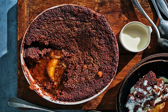 Homely, but elegant: Helen Goh's pear and caramel self-saucing pudding.