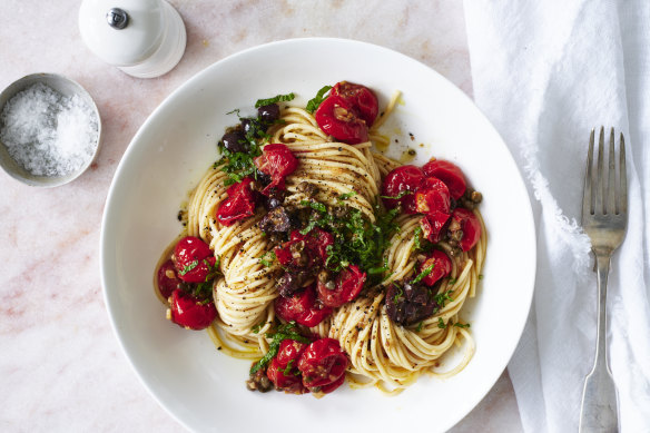 A simple dish of spaghetti with blistered cherry tomatoes beats a complicated dish.