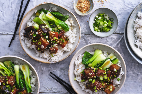 Serve with rice and greens.