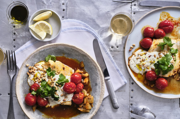 Fish with tomatoes, harissa and fennel.