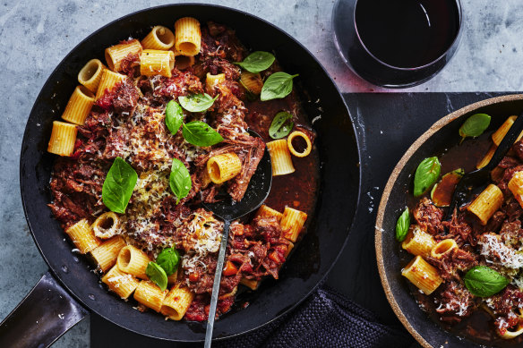Serve this ragu with pasta (mezze maniche, pictured) or polenta.
