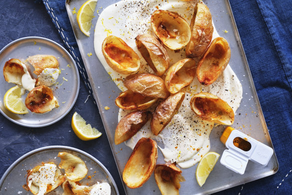 Potato skins with chicken salt and sour cream.