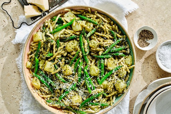 A simple pesto Genovese is the star of this substantial pasta dish.