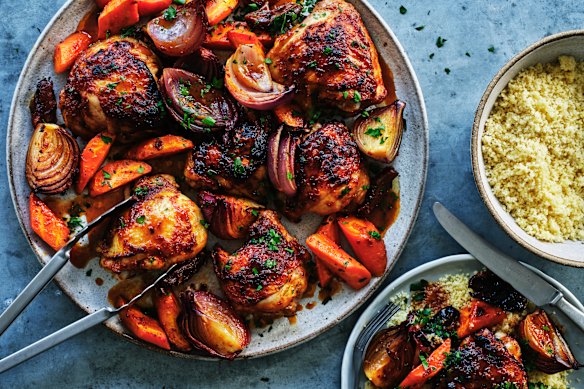  Danielle Alvarez’s sweet and spicy roast chicken thighs with citrus, carrots and dates.