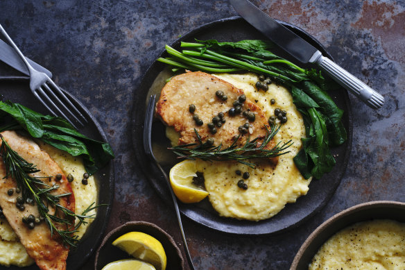 Served on soft polenta with blanched spinach leaves (pictured), or with mashed potatoes or crusty bread.