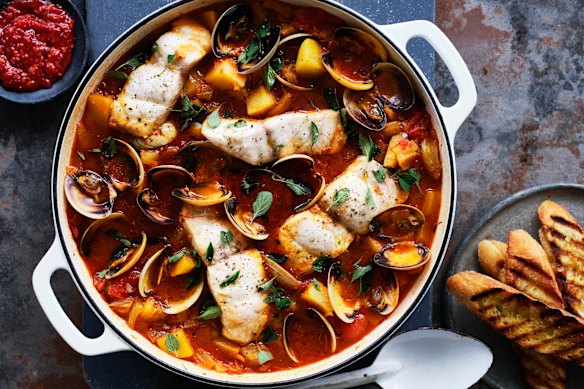 Spicy seafood and potato stew with fennel, tomatoes and saffron.