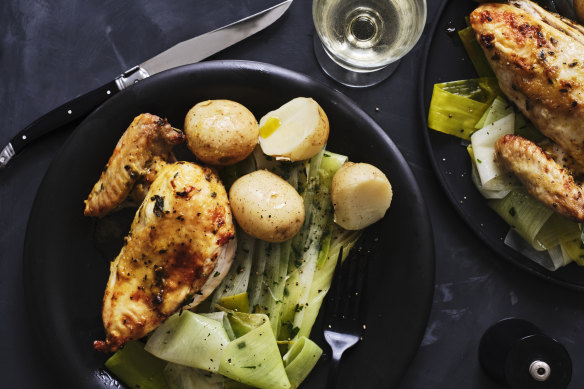 Mustard and herb roasted chicken breast with buttered leeks.