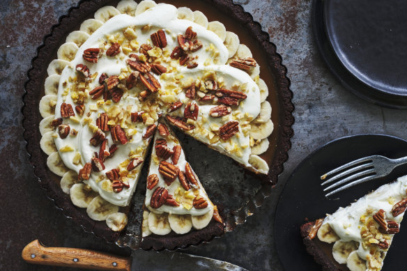 Helen Goh’s banana, rye and cocoa tart with miso caramel.