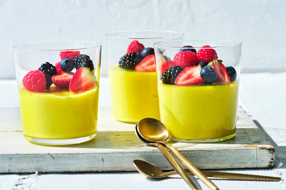 Spiced lemon posset with summer berries.
