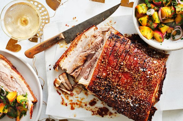 Julia Busuttil Nishimura’s slow-roasted pork belly with crispy crackling.