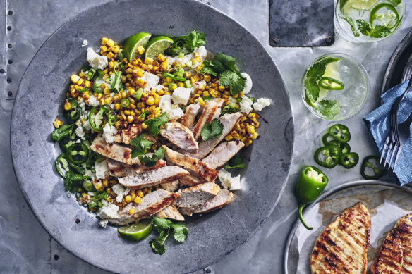This chicken and corn salad is inspired by the Mexican street food, esquites.
