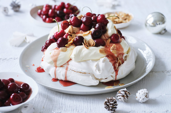 Cherry and almond pavlova.