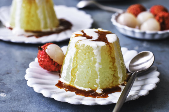 This pudding can be served warm or cold, preferably with fresh lychees (pictured).  