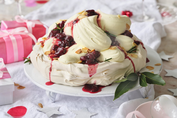 Helen Goh’s cherry pavlova with almond-flavoured cream.