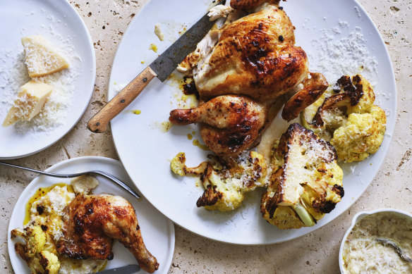 Adam Liaw’s roast chicken with parmesan and sourdough sauce.