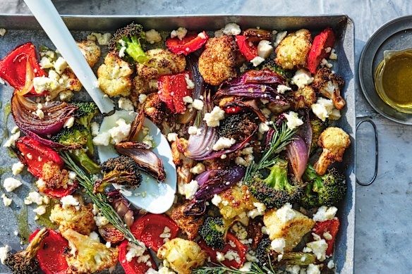 Air-fryer roast vegetables with rosemary and feta.