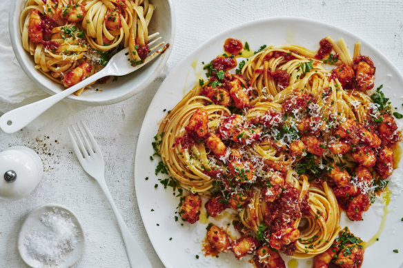 This prawn and chilli linguine is different and delicious.