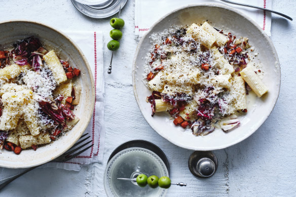 Rigatoni with radicchio and pancetta.