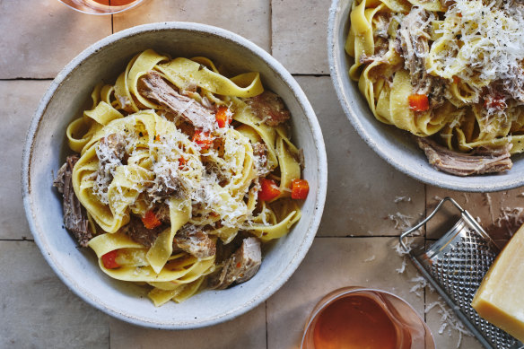 Alvarez prefers pappardelle pasta here because of its silkiness and the way it wraps up the ragu.