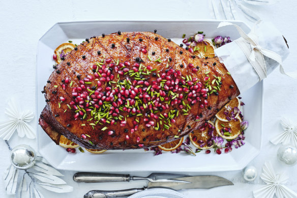 Pomegranate and pistachio glazed ham.