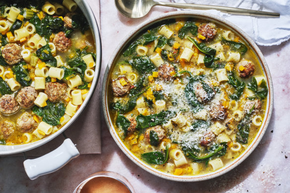 This hearty meatball and pasta soup is sure to be love at first spoonful.