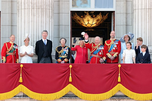 (L-R) Prince Edward, Duke of Edinburgh, Sophie, Duchess of Edinburgh, Vice Admiral Sir Timothy Laurence, Princess Anne, Princess Royal, Queen Camilla, King Charles III, Prince William, Prince of Wales, Catherine, Princess of Wales, Princess Charlotte of Wales, Prince George of Wales and Prince Louis of Wales watch an RAF flypast from the balcony of Buckingham Palace during Trooping The Colour