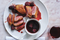 Duck breast with orange and red wine sauce.