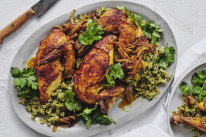 Coriander chicken with green rice.