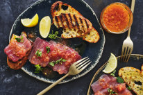 Julia Busuttil Nishimura’s tuna crudo with tomato vinaigrette and bruschetta.