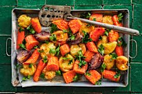 Potato and root vegetable tray bake.