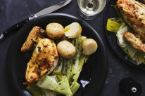 Mustard and herb roasted chicken breast with buttered leeks.