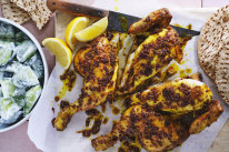 Julia Busuttil Nishimura’s spiced roast chicken with cucumber and yoghurt salad.