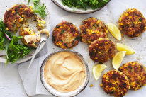 Danielle Alvarez’s crab and fresh corn cakes with chilli mayonnaise.