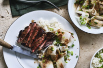 Marinated minute steaks with sesame daikon salad and steamed rice.