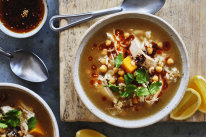 Danielle Alvarez’s chicken, pumpkin, chickpea and rice soup with spiced chilli oil.